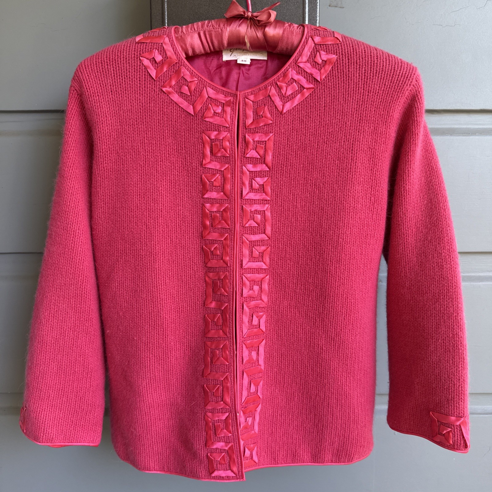 Vintage 60s Pink Angora Cardigan- Hand Trimmed W Satin- Hong Kong- Size 40