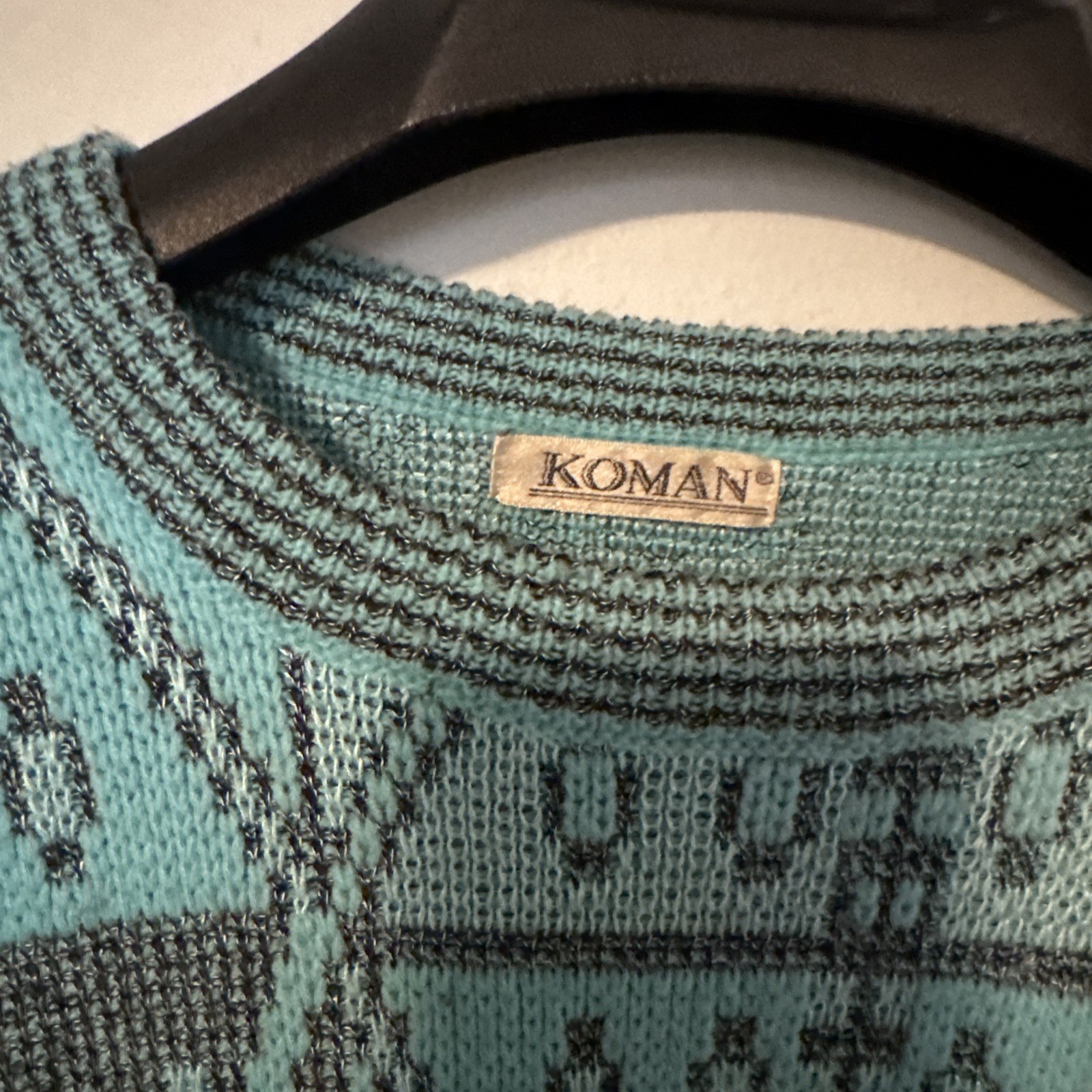 Vintage 1980’s Koman Retro Aqua Blue Black Sweater Sweater XL Y2K vibe Tribal