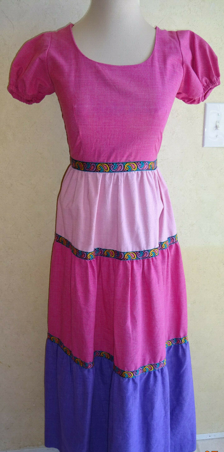 Vintage Maxi Dress 1970s Nancy B of California Womens XS S Pink Purple Peasant