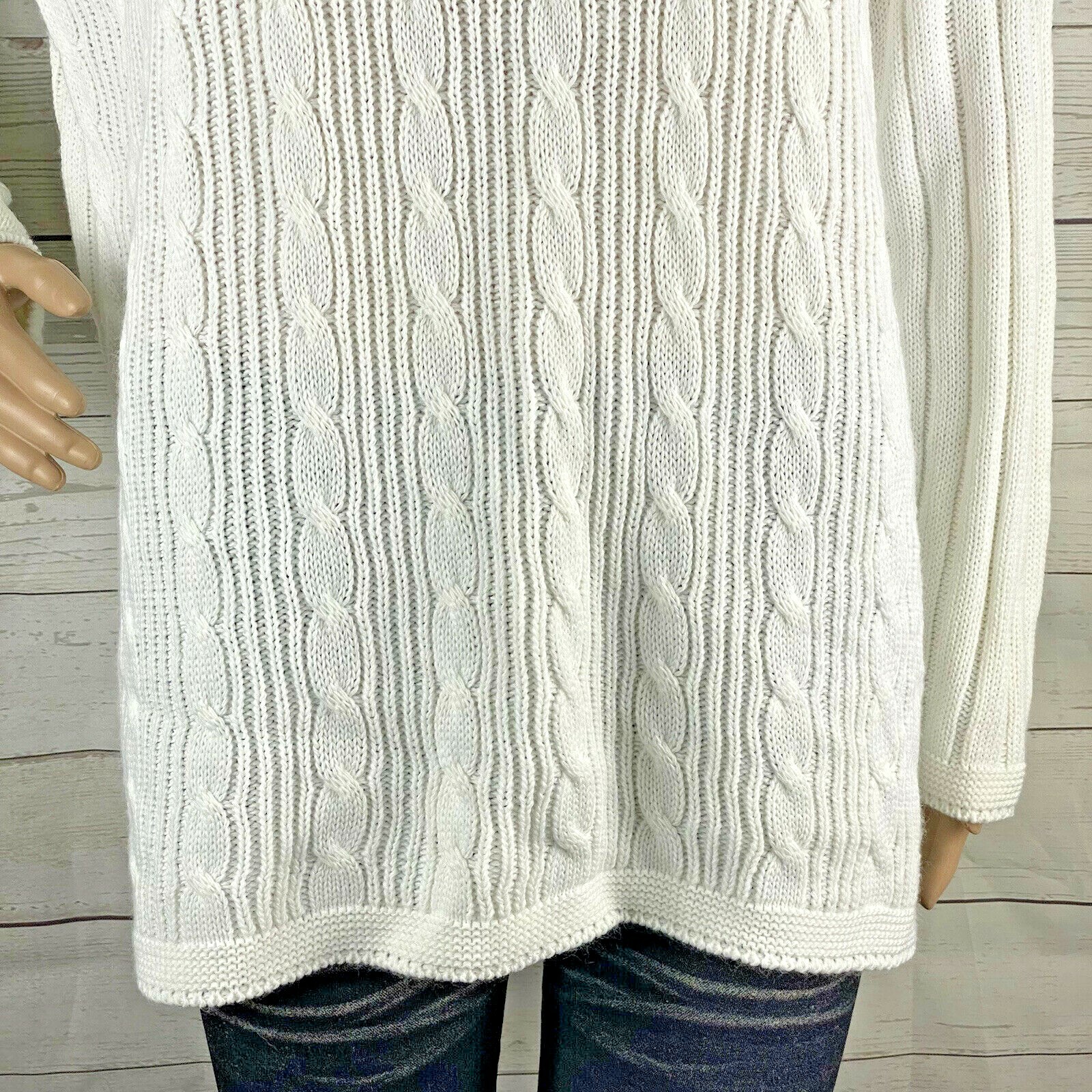 Vintage 80s 90s Bobbie Brooks Sweater Large Solid White Cable Knit Mock Neck