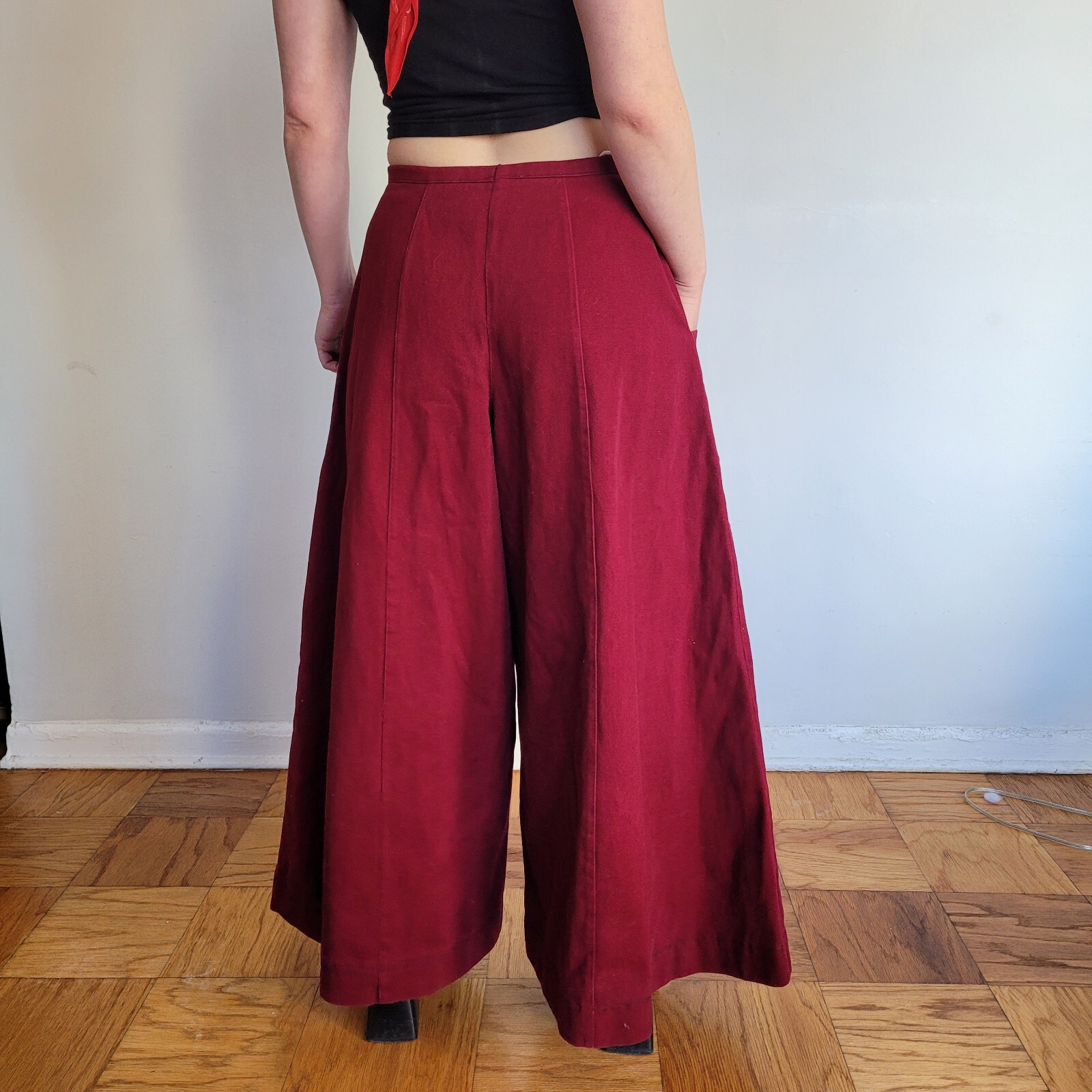 Vintage Maroon Wide Leg Bell Bottom High Waist Pant Hippy Rave 24″ Bell Size 29