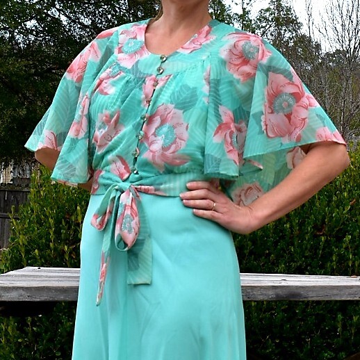 Vtg 70s ALFREDA Maxi Dress Silky Nylon w Capelet Empire Waist Hippie Boho Medium