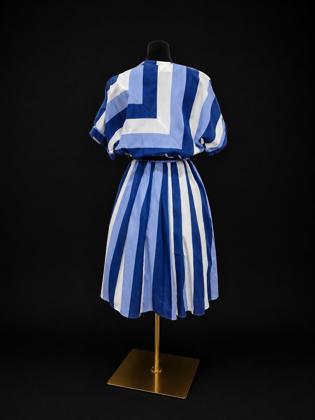 80s Blue White Striped Dolman Sleeve Pleated Dress Belted Nautical Party Dress
