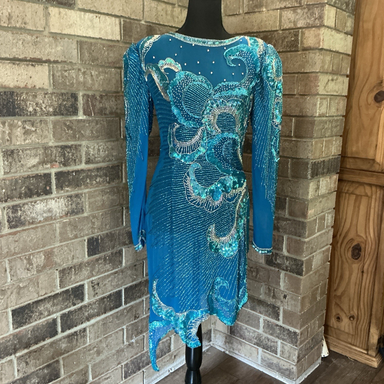 80s VINTAGE Oleg Cassini 100% Silk Beaded Sequin Dress Teal Blue Size 6 #11E3