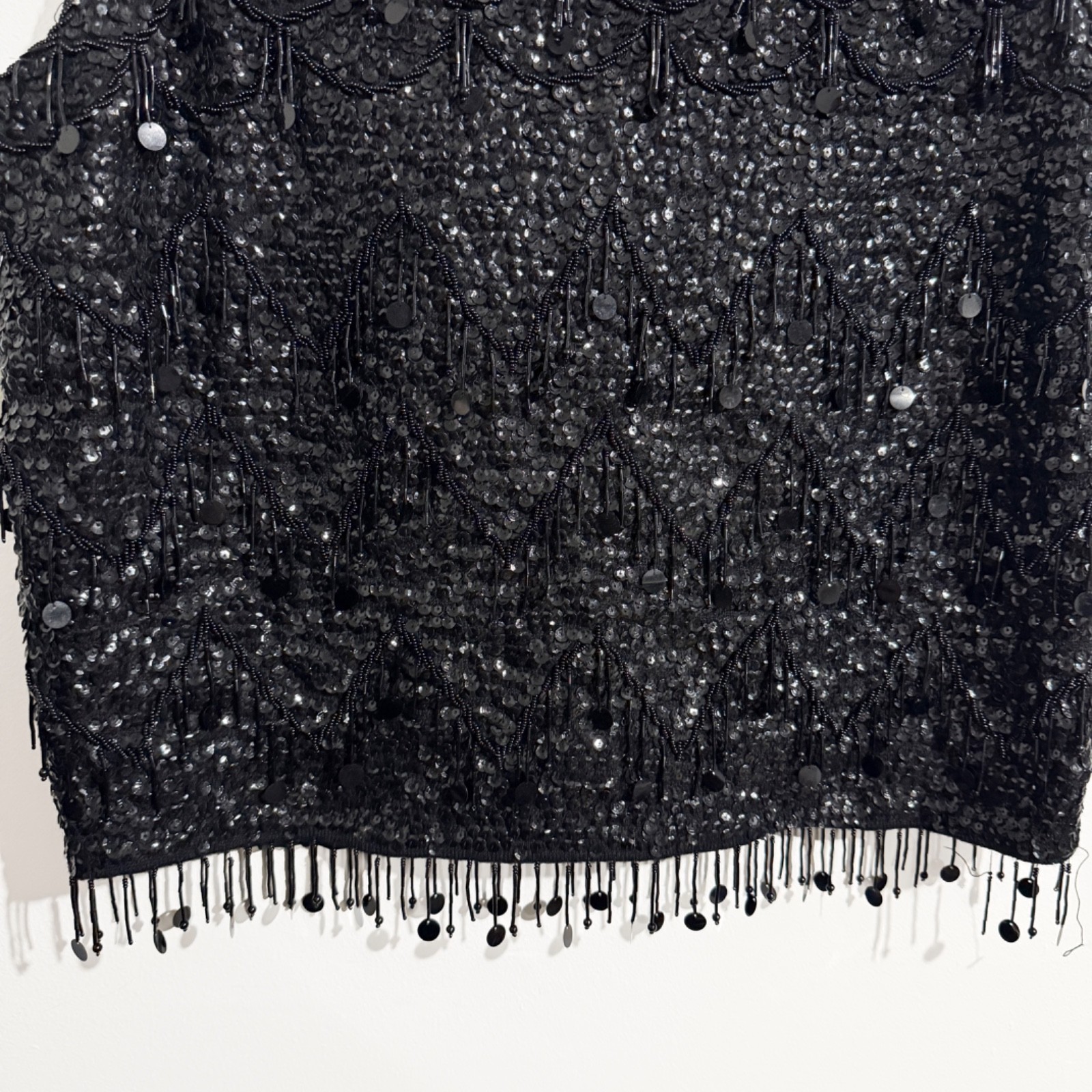 Vintage Black Sequin Beaded Top / Art Deco Inspired Fringe Sleeveless Party Top