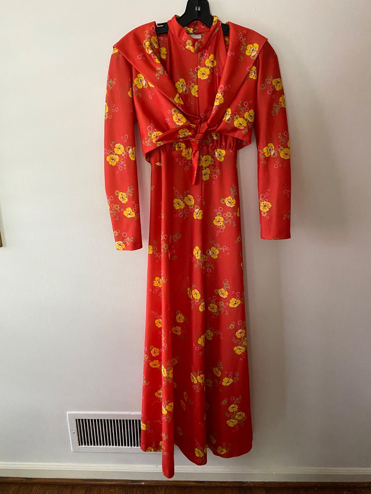 Rare Vintage 1970s Orange Floral Maxi Dress Jacket Hooded Boho Unique Small