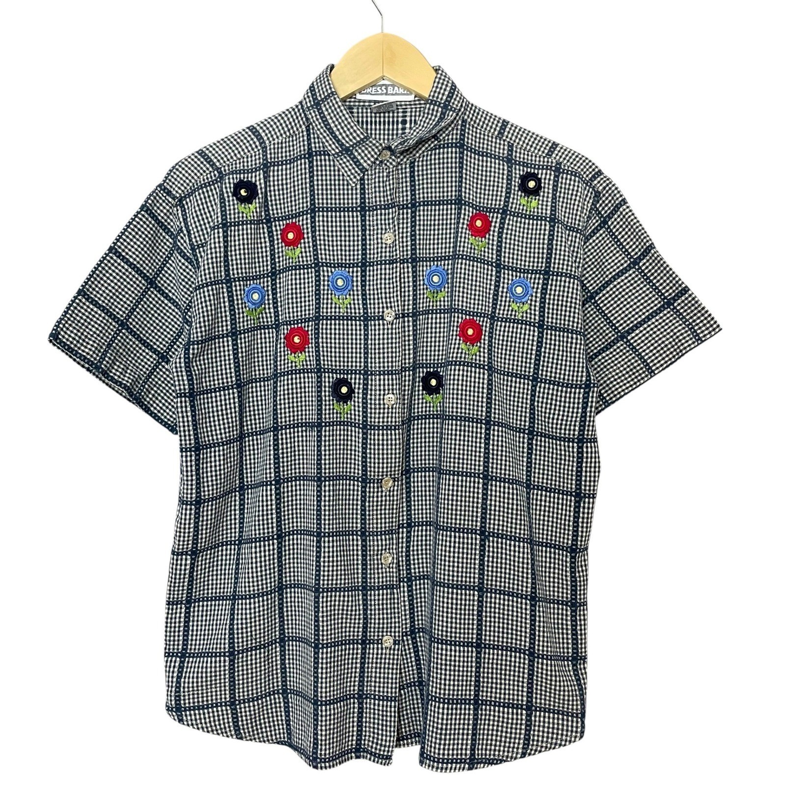 Vintage Gingham Shirt Floral Embroidery Women Size Large Cotton Country Twee Top