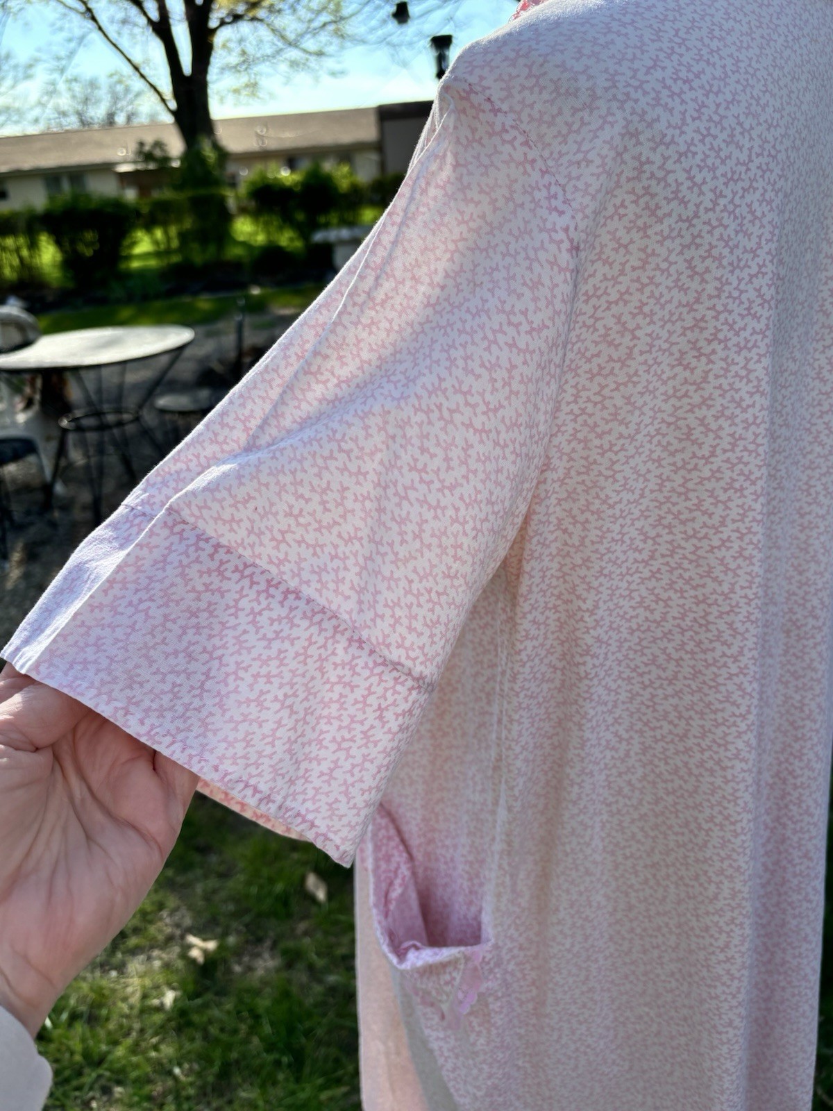 VTG 1950s House Dress Wife Pink COTTON Button Pocket Lace XL 42x42x48 43″Long