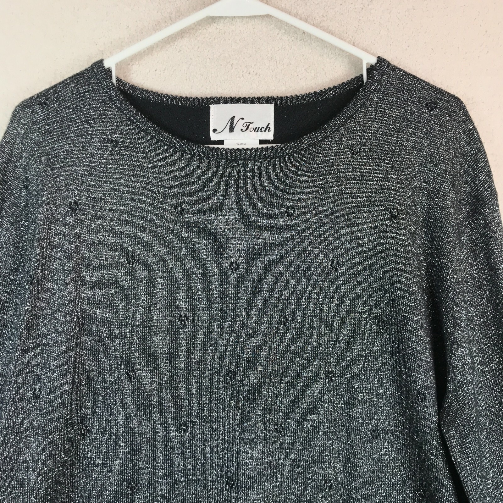 Vintage Sweater Womens XL Black Silver Shimmery N Touch New Old Stock Preppy 90s