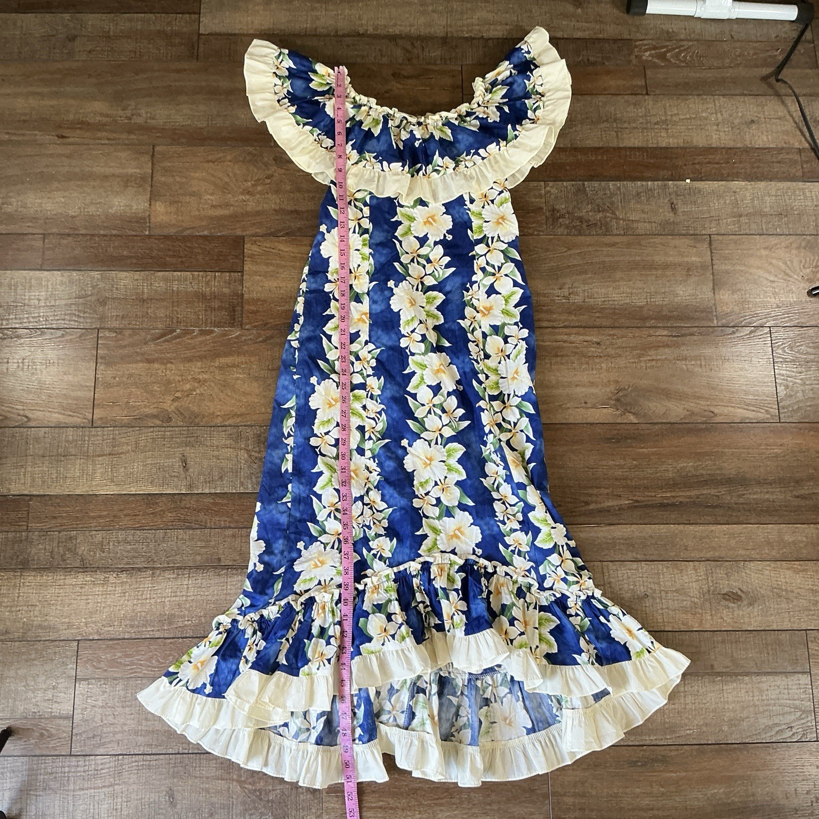 VINTAGE Royal Creations Blue Floral Muumuu Dress Size M Ruffle Hawaii Made #1501