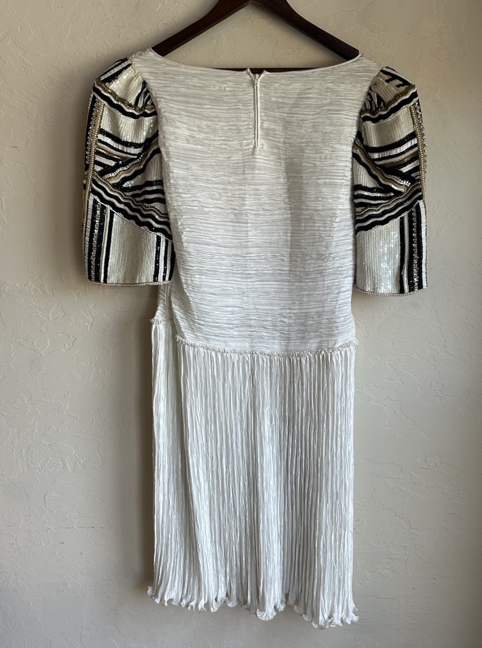 Vintage 80s Mary McFadden Couture Pleated Plisse Goddess Dress 14 Beaded Sleeves