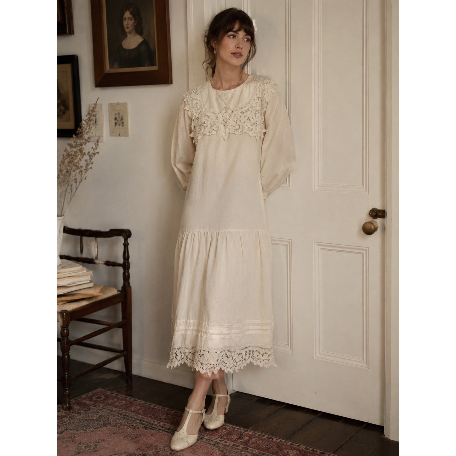 Paper White Vintage 80s Lace Victorian Revival Midi Dress Off White Medium Large