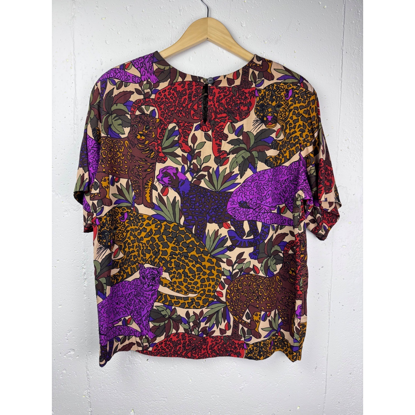 Vintage 90s Ana Capri Safari Leopard Jungle Print Blouse Made in USAWomen Large