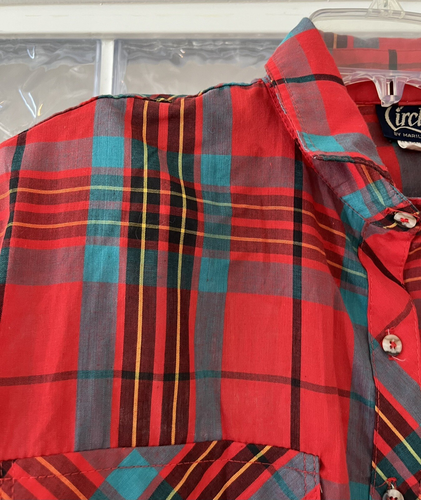 CIRCLE T by Marilyn Lenox Vtg Red Turquoise Plaid Western Button Down Shirt 9-10
