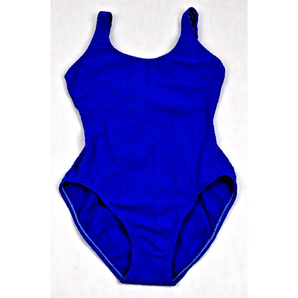 Vintage Swimsuit Mainstream Size 10 80s Blue Textured Swirls Crisscross Back