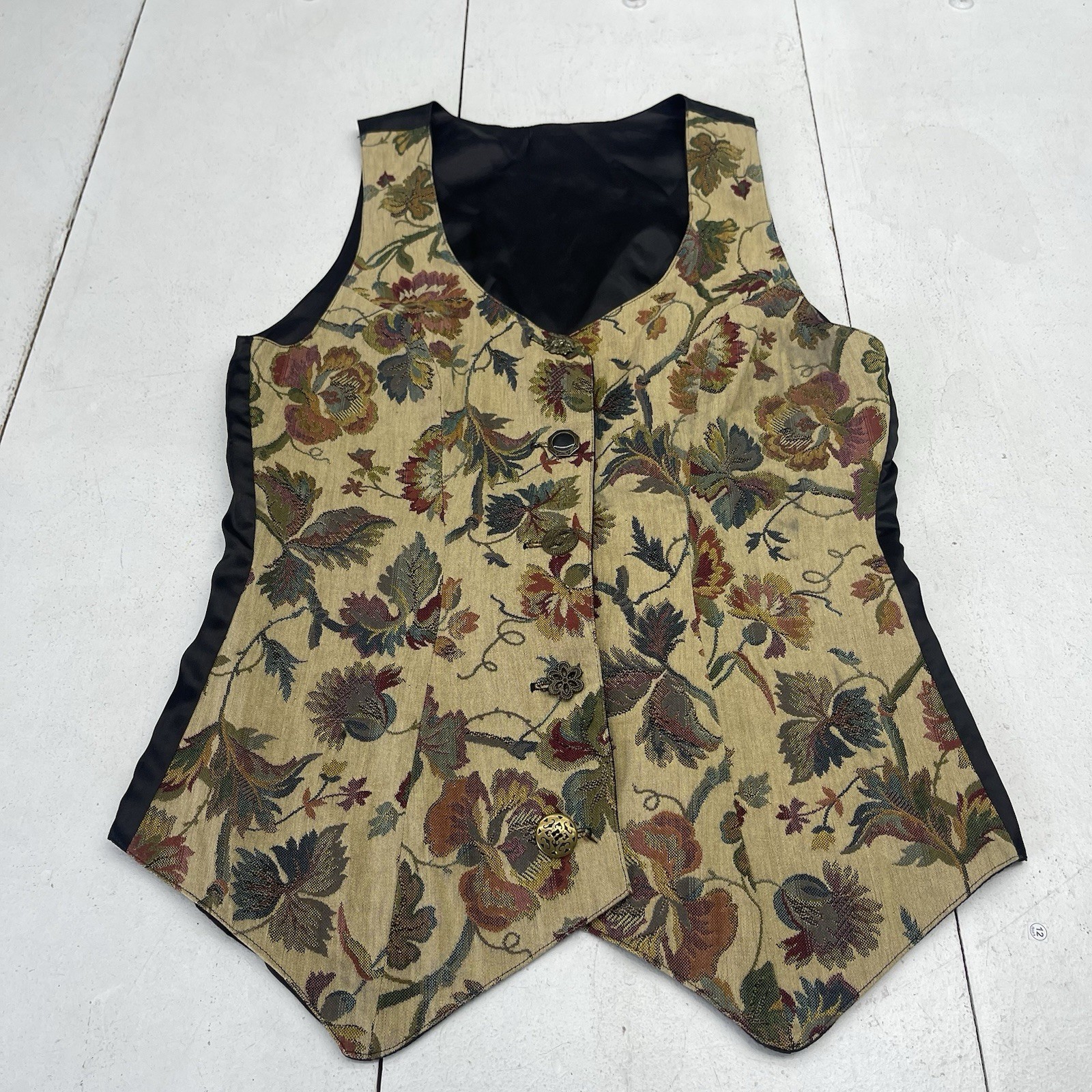 Vintage Sage Clothing Beige Floral Tapestry Button Front Vest Women’s Size Large