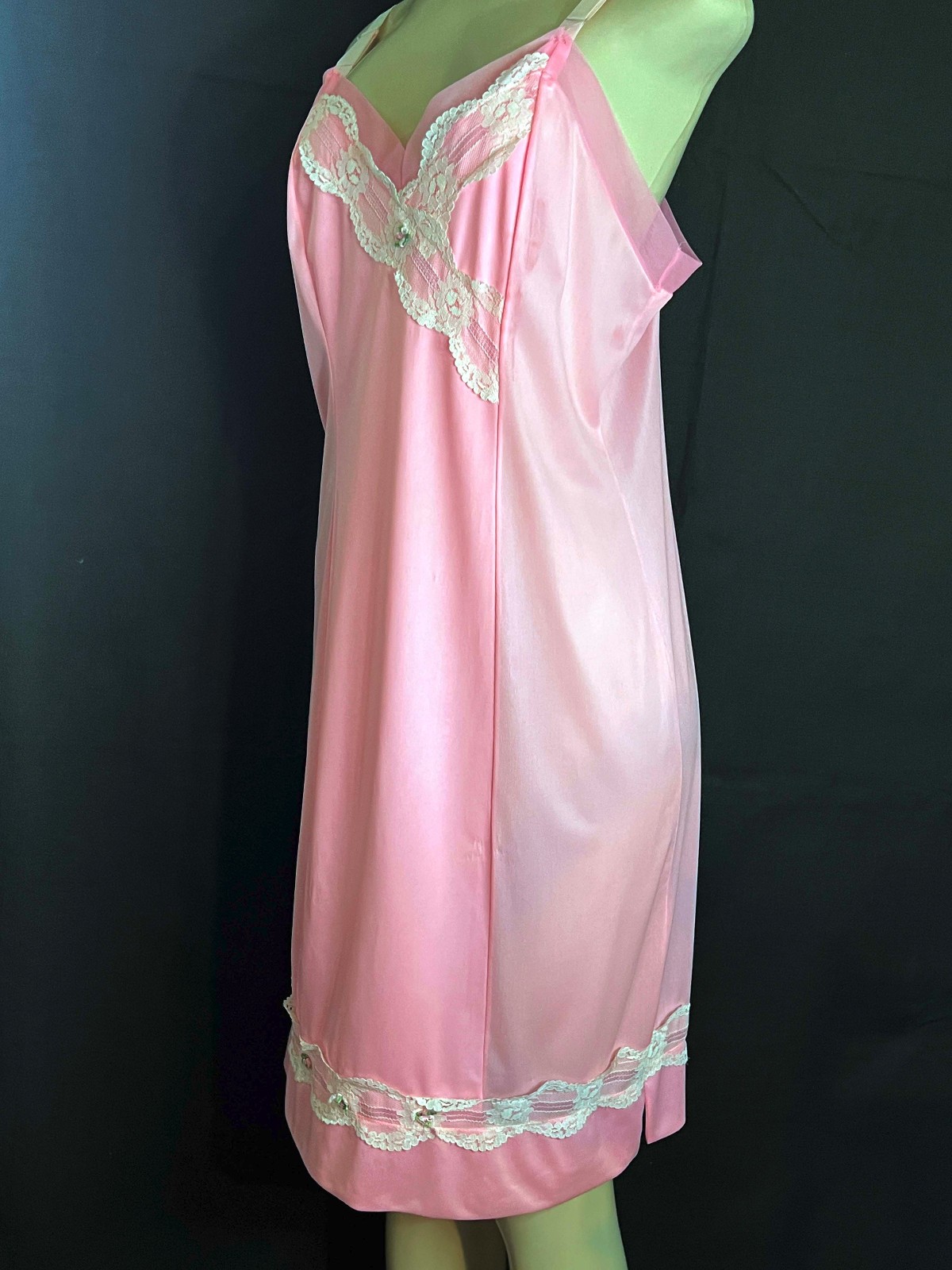Vintage 50’s Pink Nylon Satin Slip/ Nightgown/ Lace Trim- Sz. 38