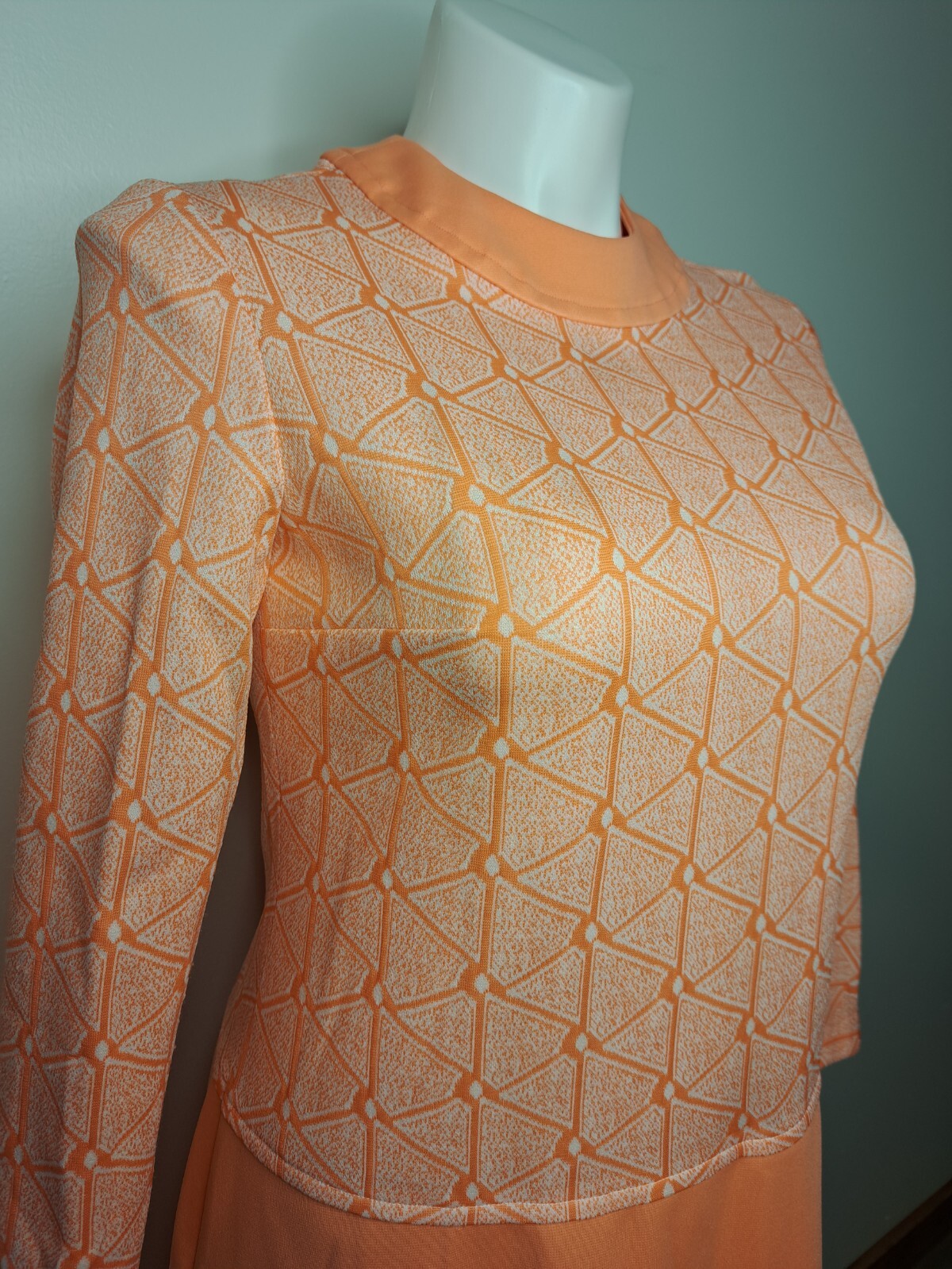 70s Handmade Shift Dress Orange White Double-knit Long Sleeve Back Zip 12