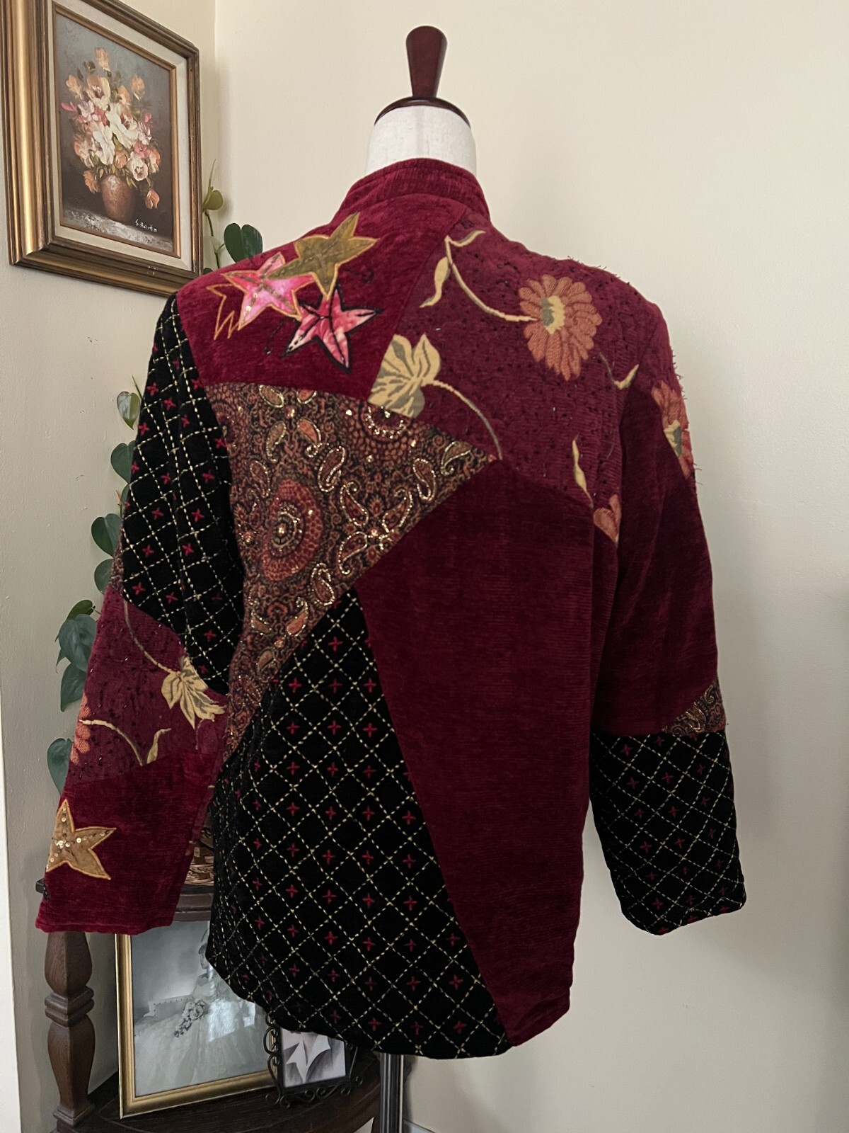 Alex Kim Vintage Burgundy Embroidered Patchwork Jacket sz Petite M