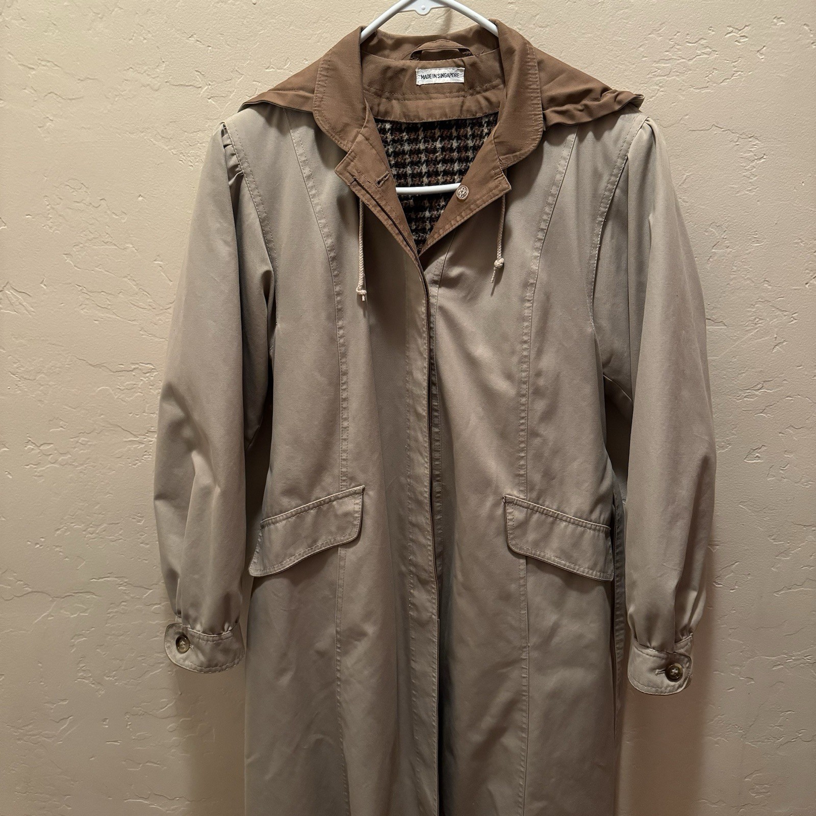 Vtg Trench Coat Maxi Tan Pockets Removable Hood/Lining (Wool Blend) GDT TOO