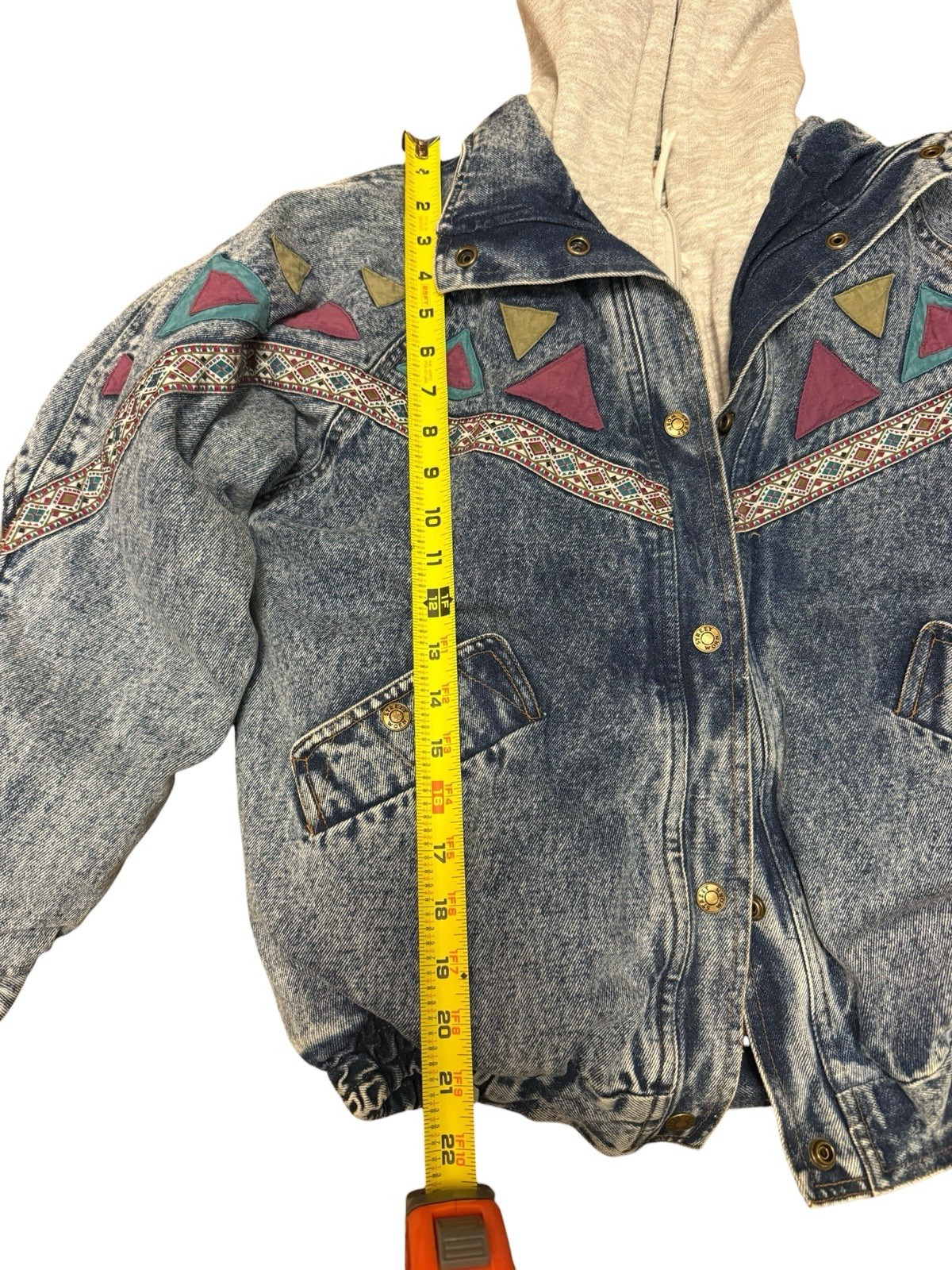 Street Worn VTG Acid Wash Denim Hoodie Jacket Aztec 90s Style Streetwear Sz 10