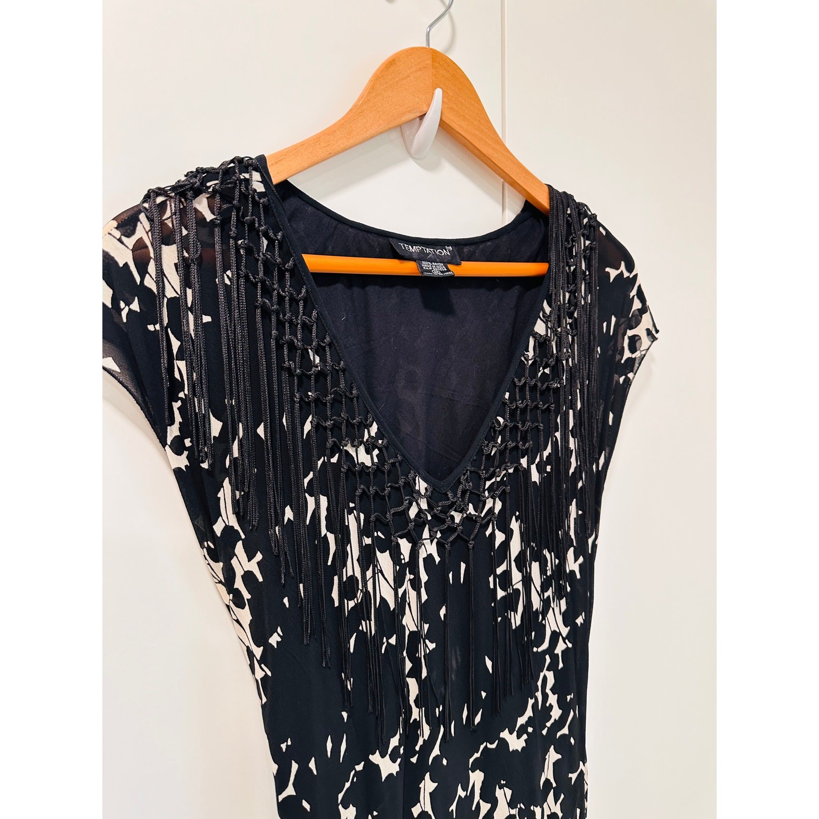 VTG 90s Sheer Black Floral Fringe Neckline Bias Cut Fairy Midi Dress Piano Shaw