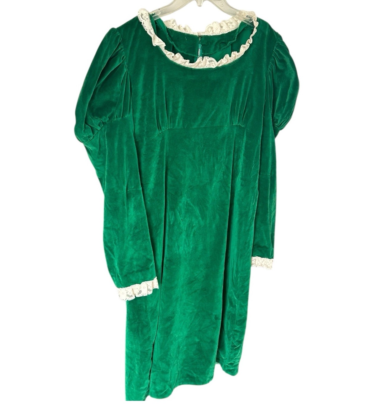 VTG Women’s Ugly Christmas Dress Handmade Green Velvet Lace Collar Leg O’Mutton