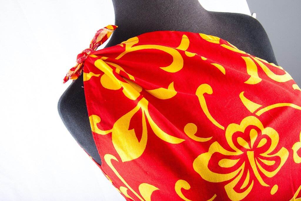 One Shoulder Hibiscus Dress Brilliant Red & Yellow Hand Dyed Hawaiian L 1965
