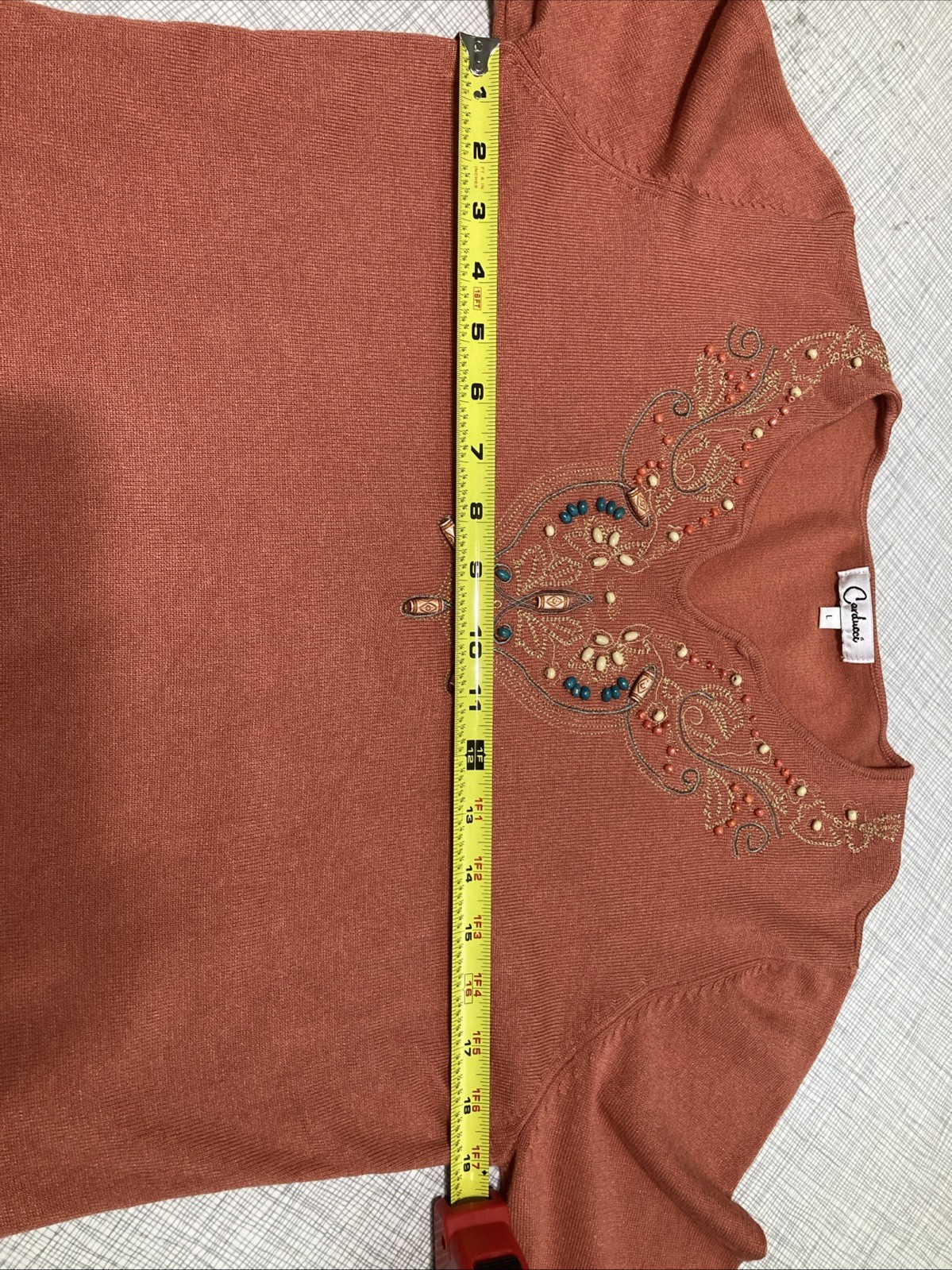 Vintage 90s Carducci Beaded Bib Sweater Top Size L Rust Orange Boho Grandmacore