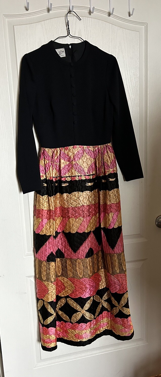 Vintage 60s EVE LE COQ Pink Black MOD Long Evening DRESS SZ S 36” Bust 30” Waist