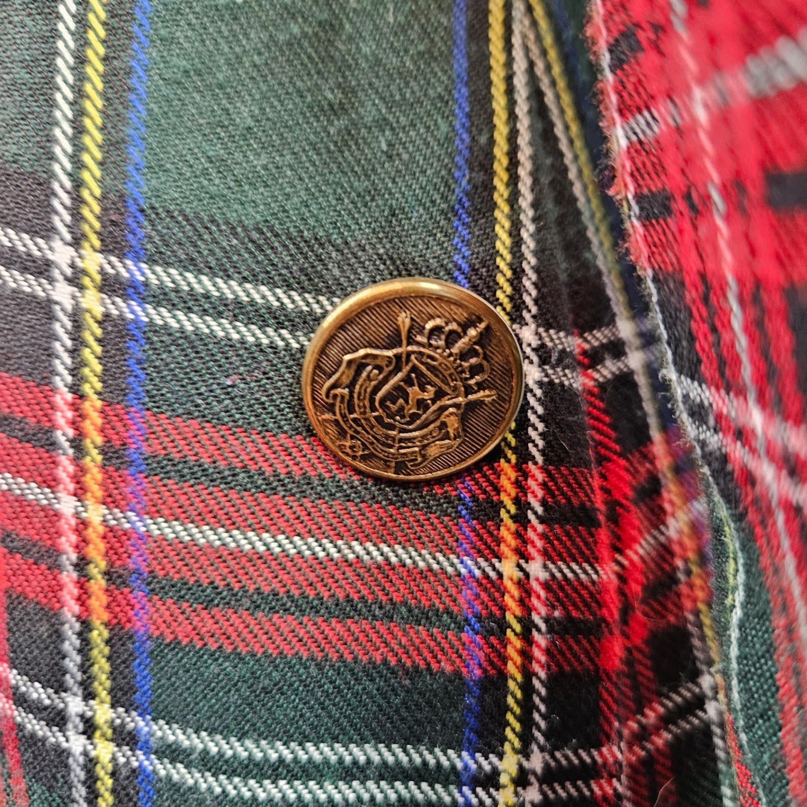 Vintage Misty Lane Tartan Plaid Maxi Dress Gold Crest Buttons Made in USA Size 8