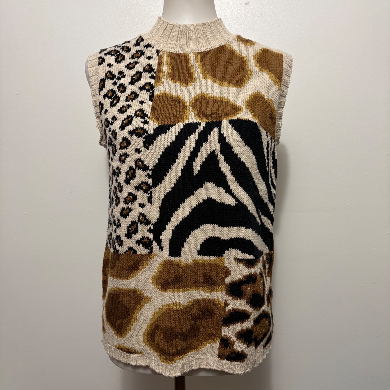 Vintage David Brooks 80: Sweater Vest L Tan Animal Print Silk Linen Mock Neck