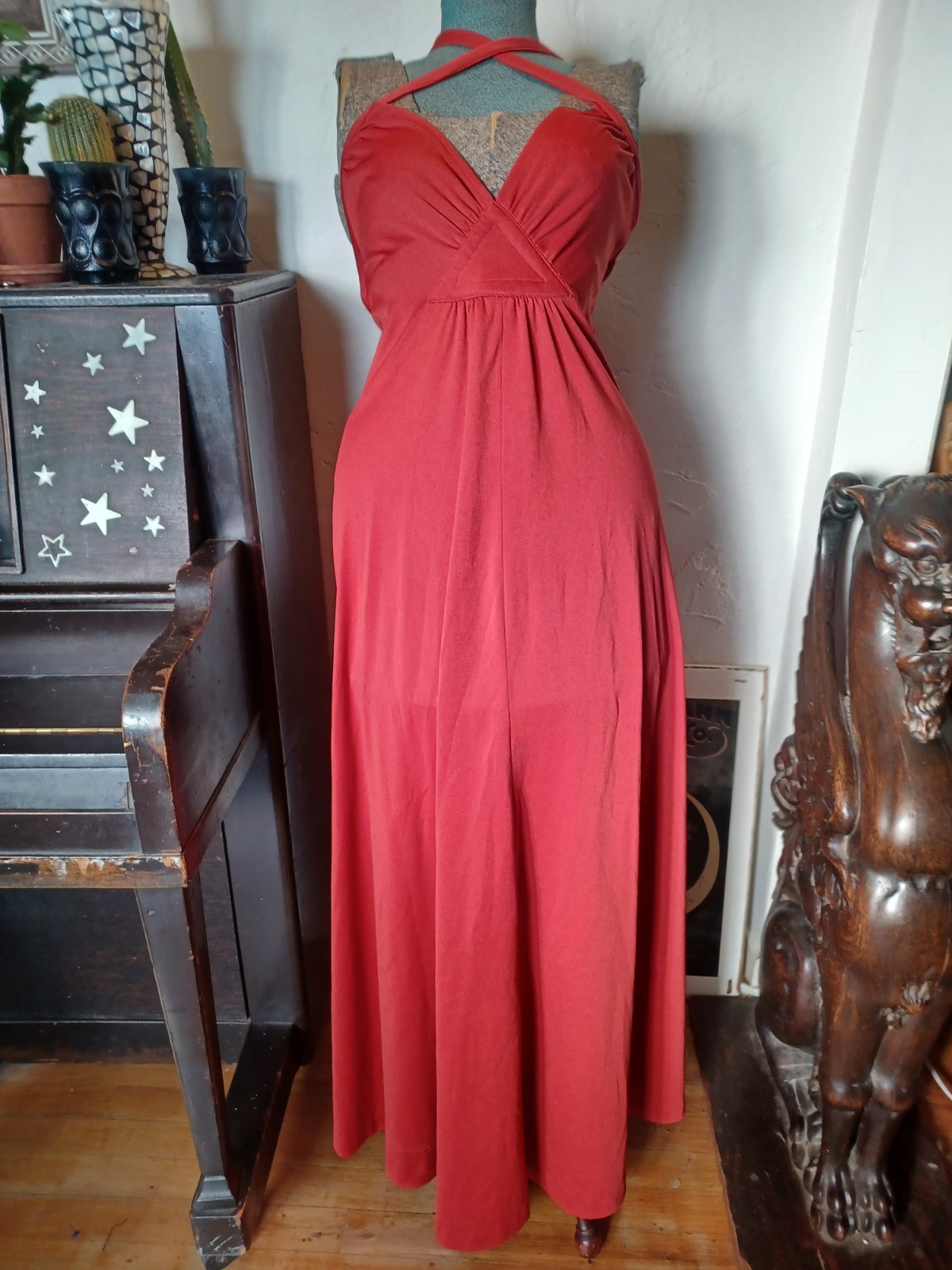 Vintage 1970s Orange-Red Strappy Disco Maxi-dress