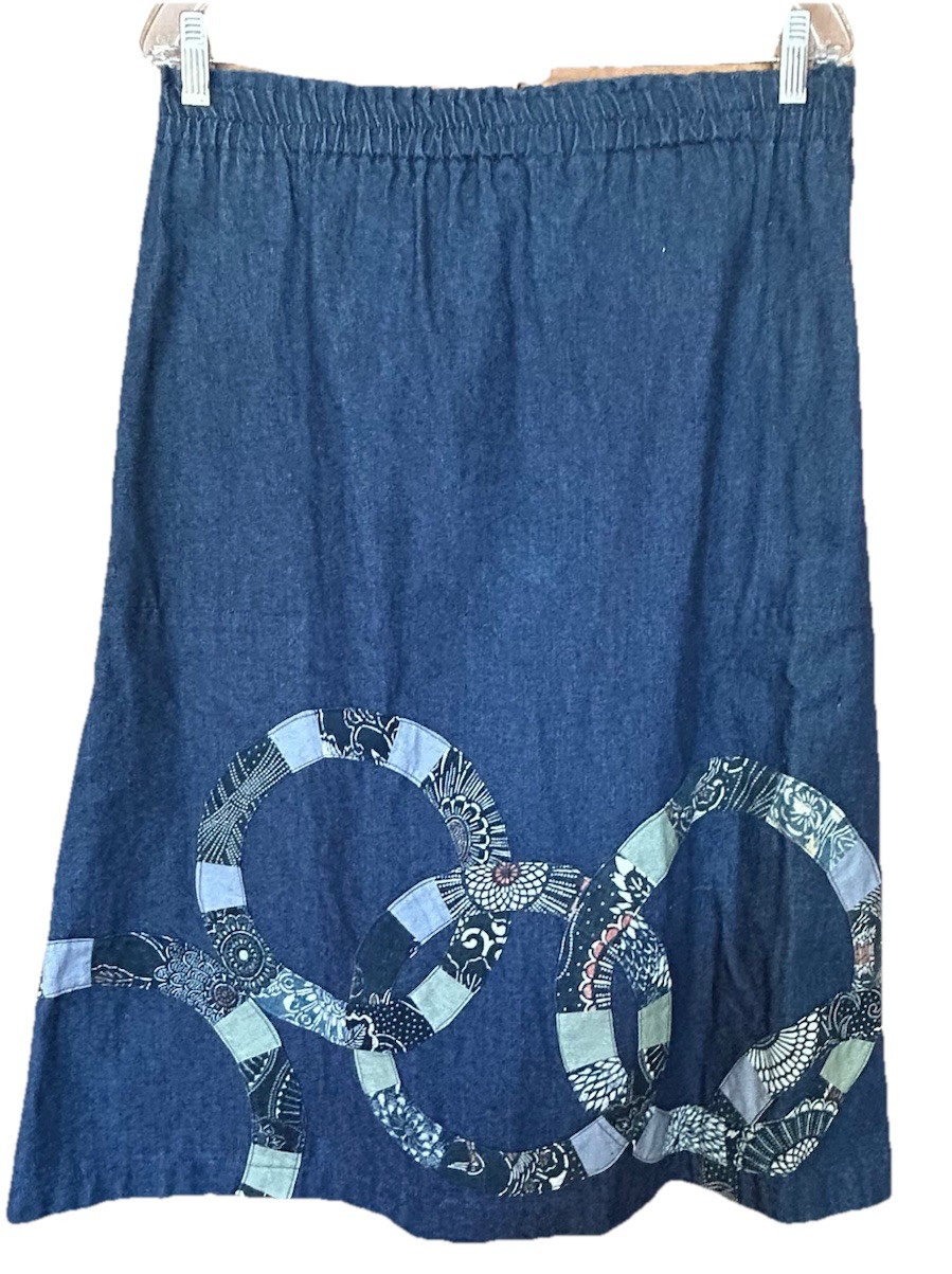 VTG Japanese A- Line Midi Denim Skirt L Sashiko Inspo Ring Appliqué Boho Artsy