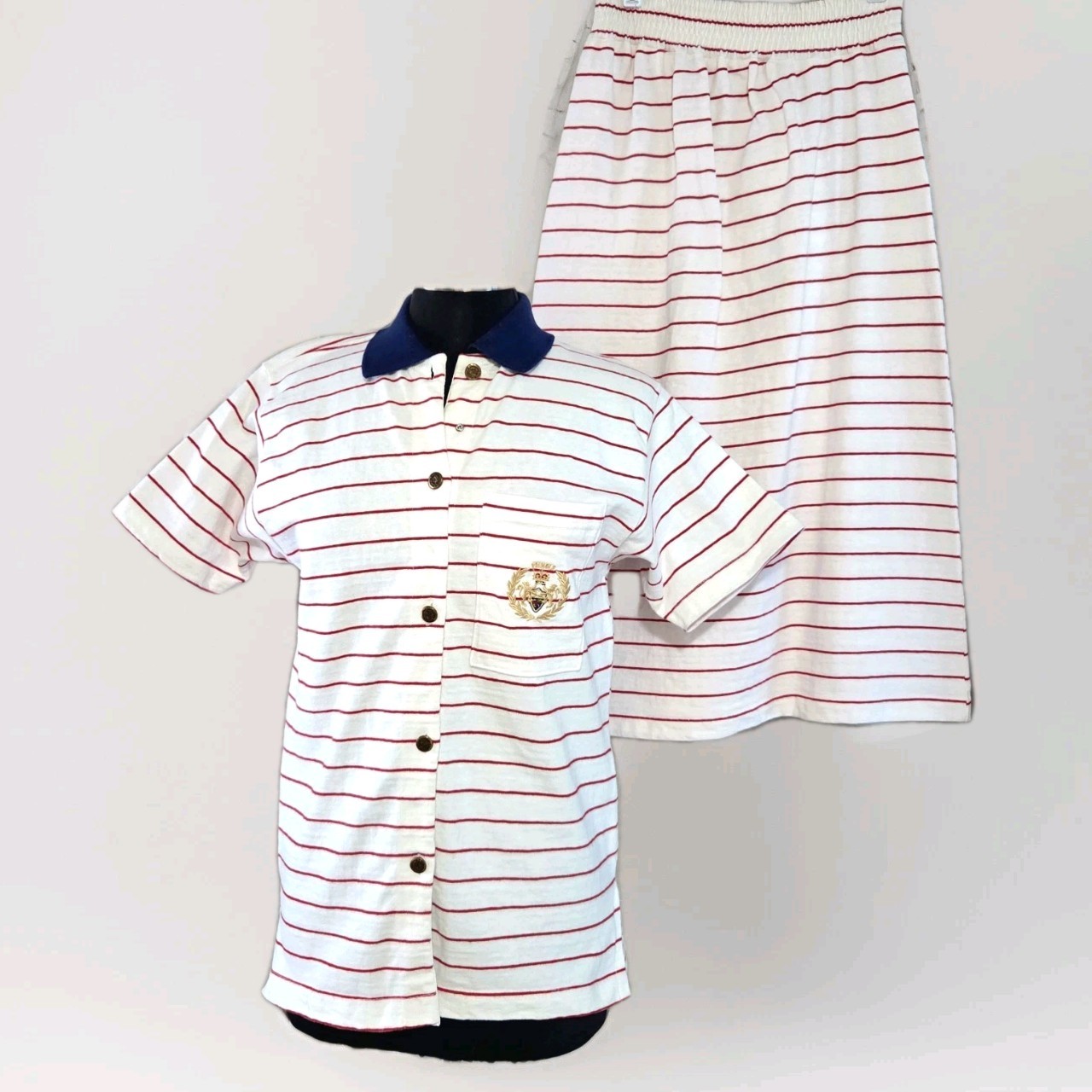 Vtg Pringle Of Scotland SET S M Top Skirt Heavy Cotton White Red Stripe Crest