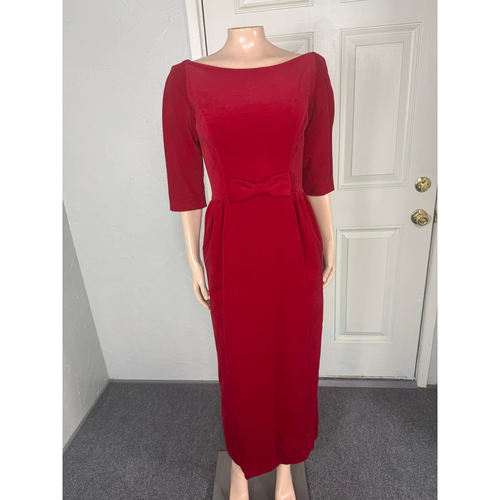Vintage 60s 70s Lorrie Deb San Francisco Women’s Dress 10 Velvet Peplum Bow E3-4