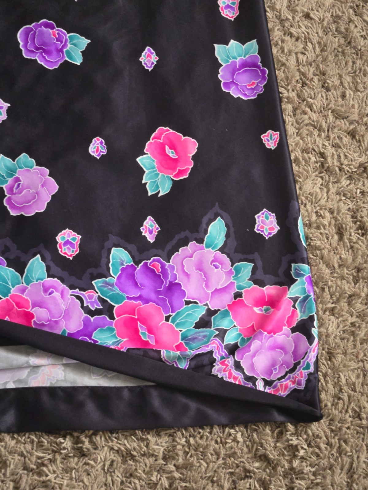 Granada Vintage Zip Front Caftan Robe Black Floral Maxi USA One Size Pocket