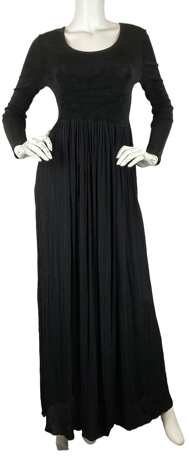 Vintage Plein Futur Crinkle Pleated Maxi Dress Stretch Knit Bodice Black Sz XS/S
