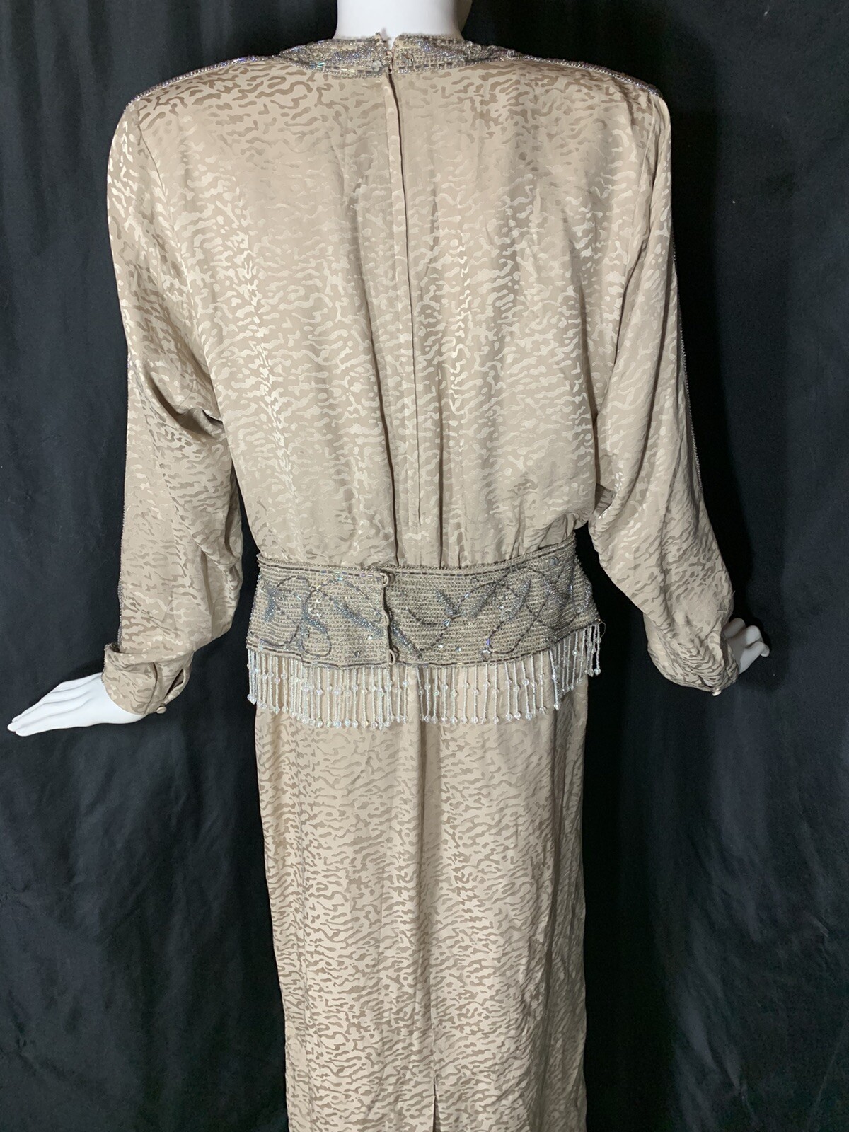 Vintage Heavy Beaded Dynasty Taupe Silk Dress Designer D’ore Animal Print Sz 14