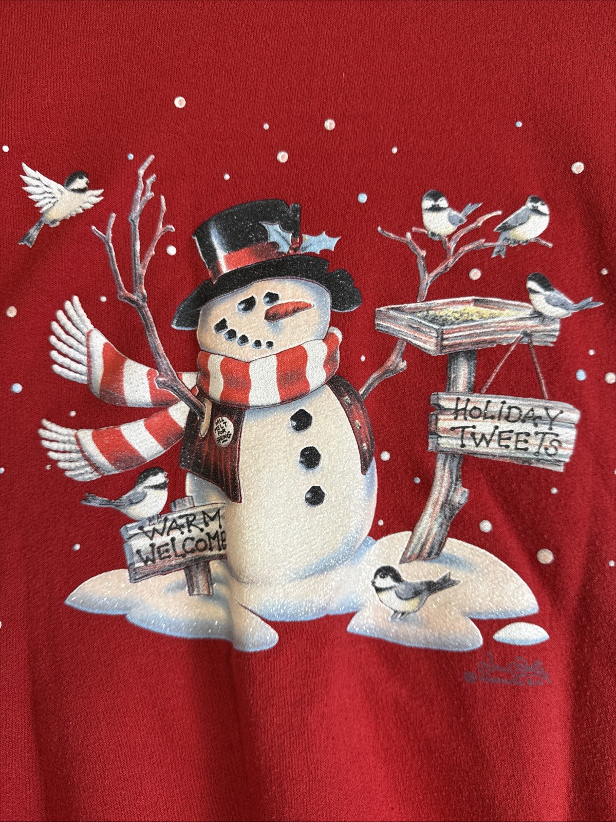 Morning Sun Vintage Crewneck Pullover Sweatshirt Large Snowman Birds Christmas