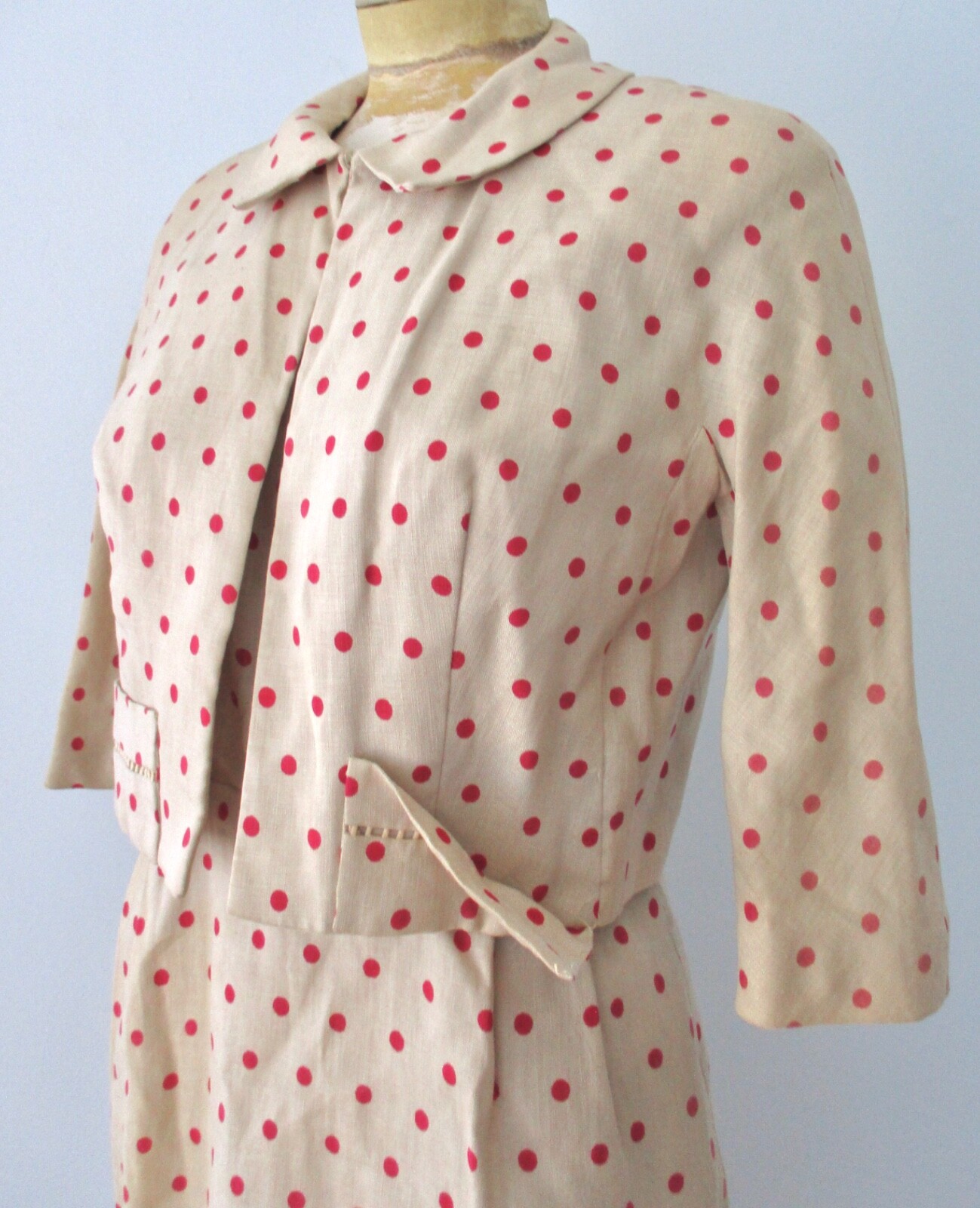 Vtg 50s 60s tan brown red polka dot 2-pc secretary dress cropped jacket suit M