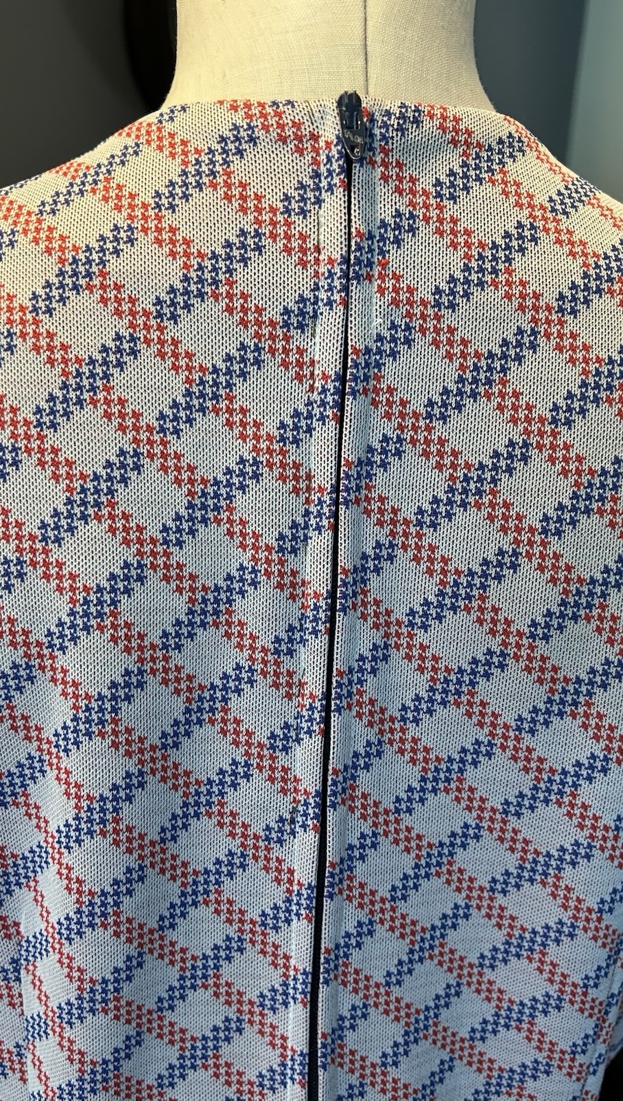 Mod Print Hand Made L Polyester Dress 1960’s Blue Red White Plaid Vtg