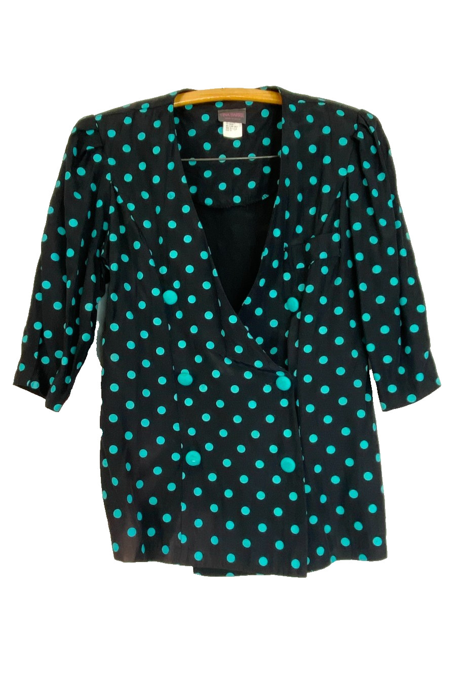 Vintage 1980s black polka dot suit L top pencil skirt set 3/4 sleeve teal jacket