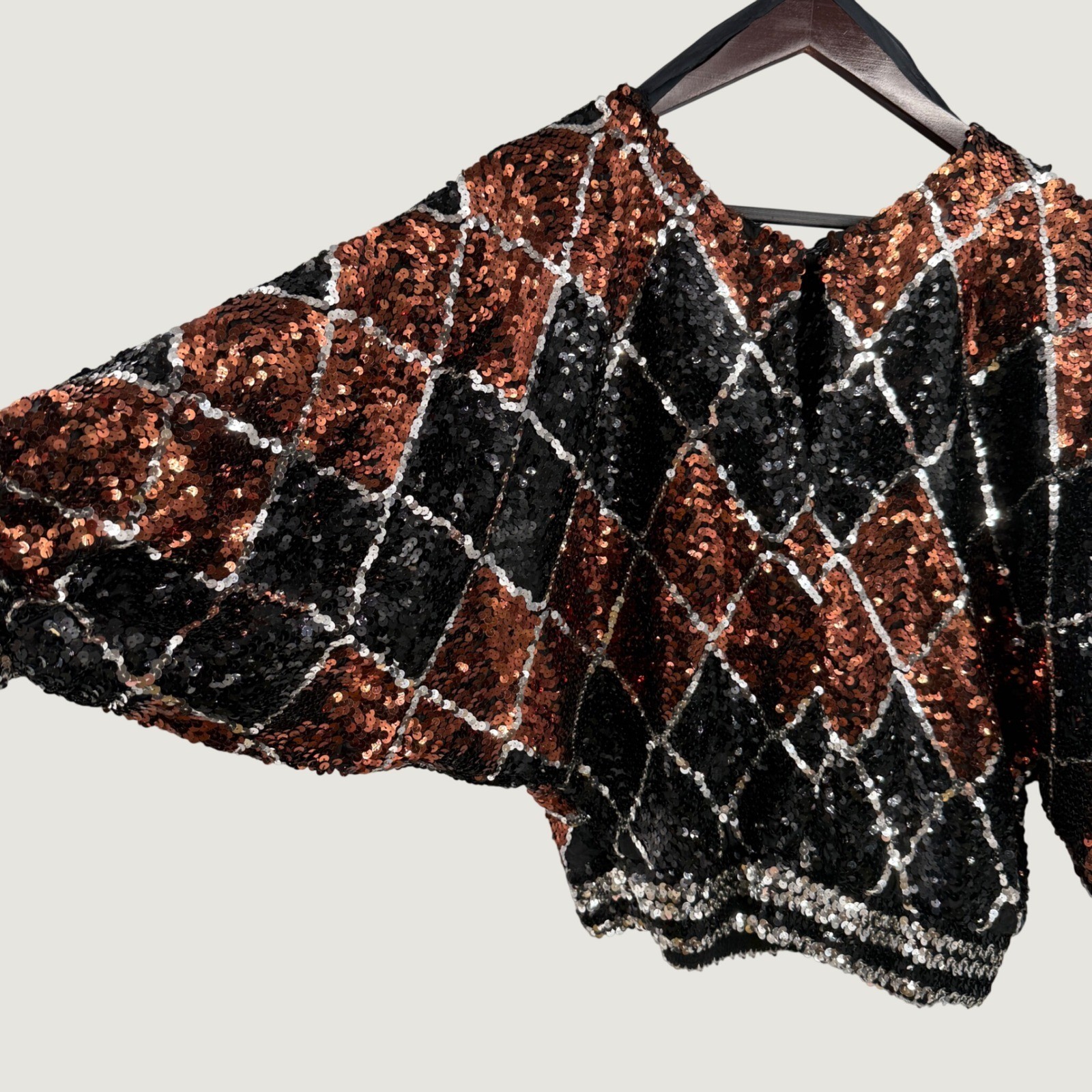 Vintage Lady Helene 80s Sequin Top Black Copper Harlequin Dolman Sleeve Party
