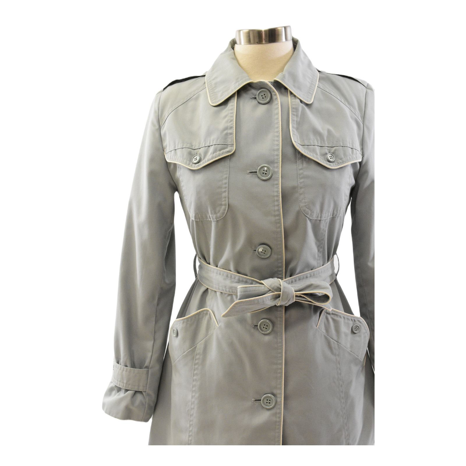 70s Casual Corner Piped Long Belted Coat Western Art Deco Hazy BlueGray Womens M