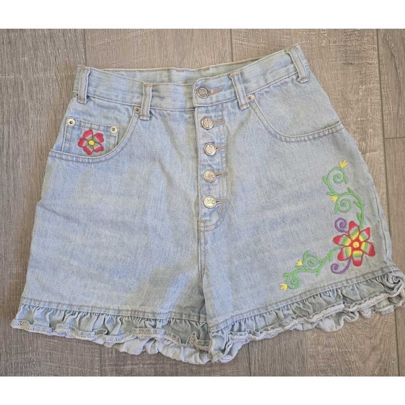Vtg90’s Y2K FEMME FATALE NO EXCUSES Tough JEAN Shorts Ruffle High Rise 5/6