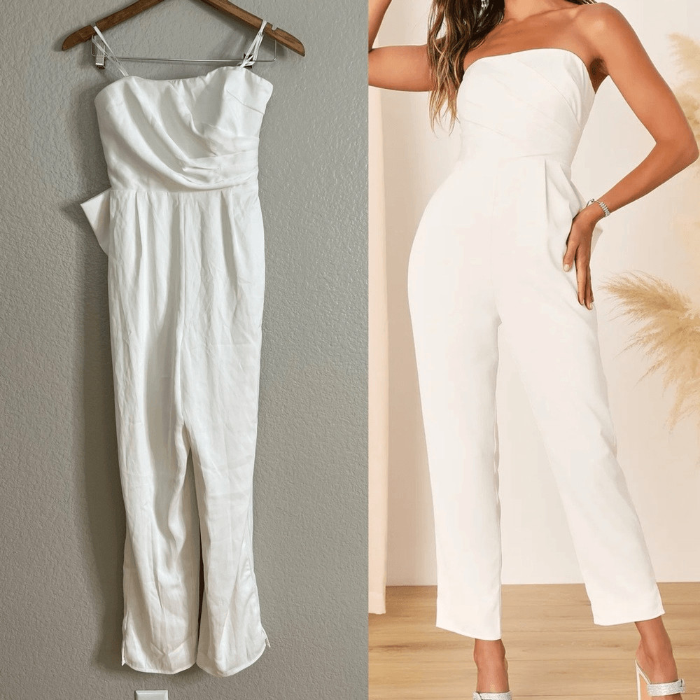 Lulus Beloved Bliss Ivory Strapless Slim Leg Bow Jumpsuit