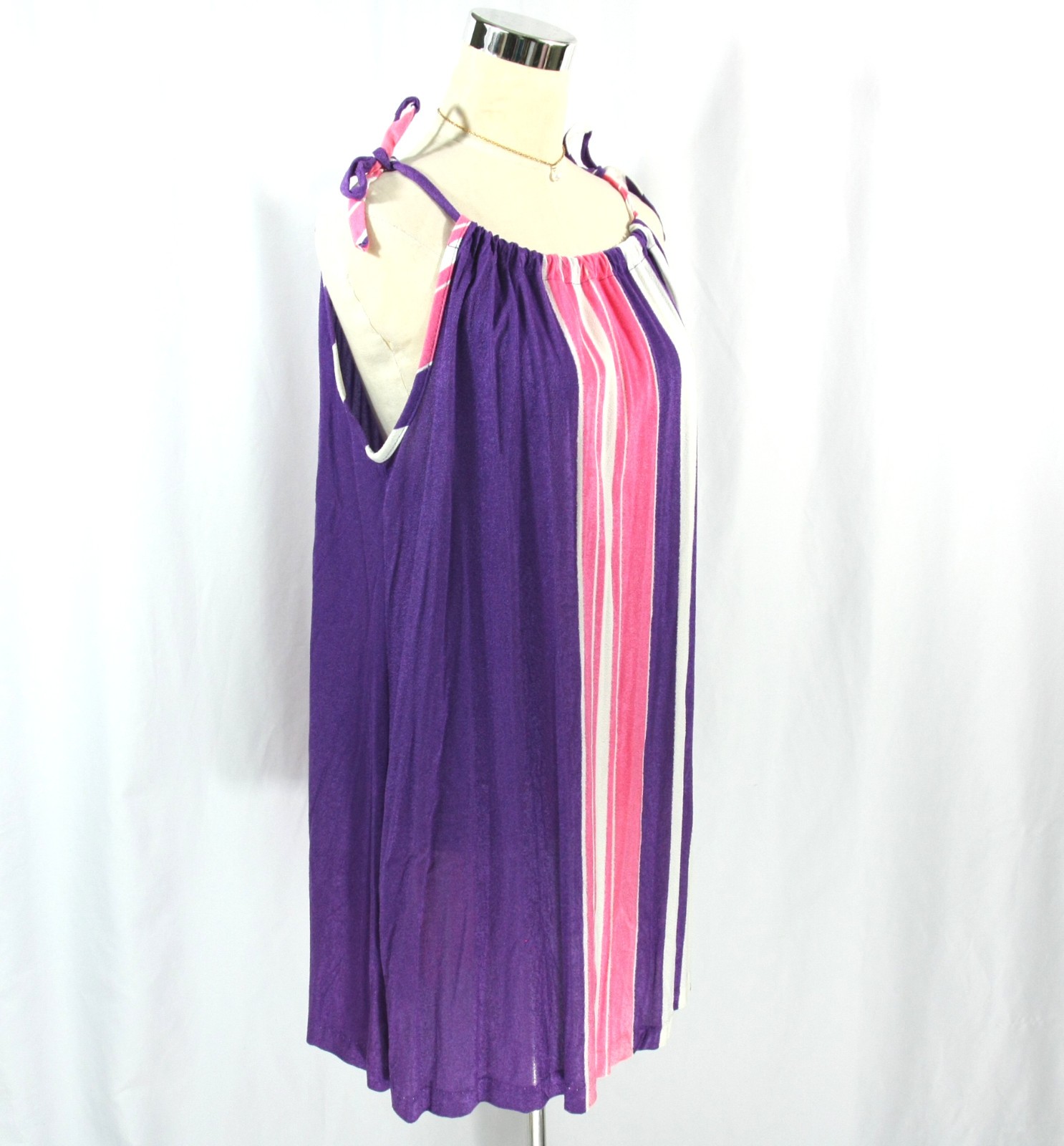 Vintage Striped String Tie Pool Beach Cover Terry Mini Dress Sundress 1970s