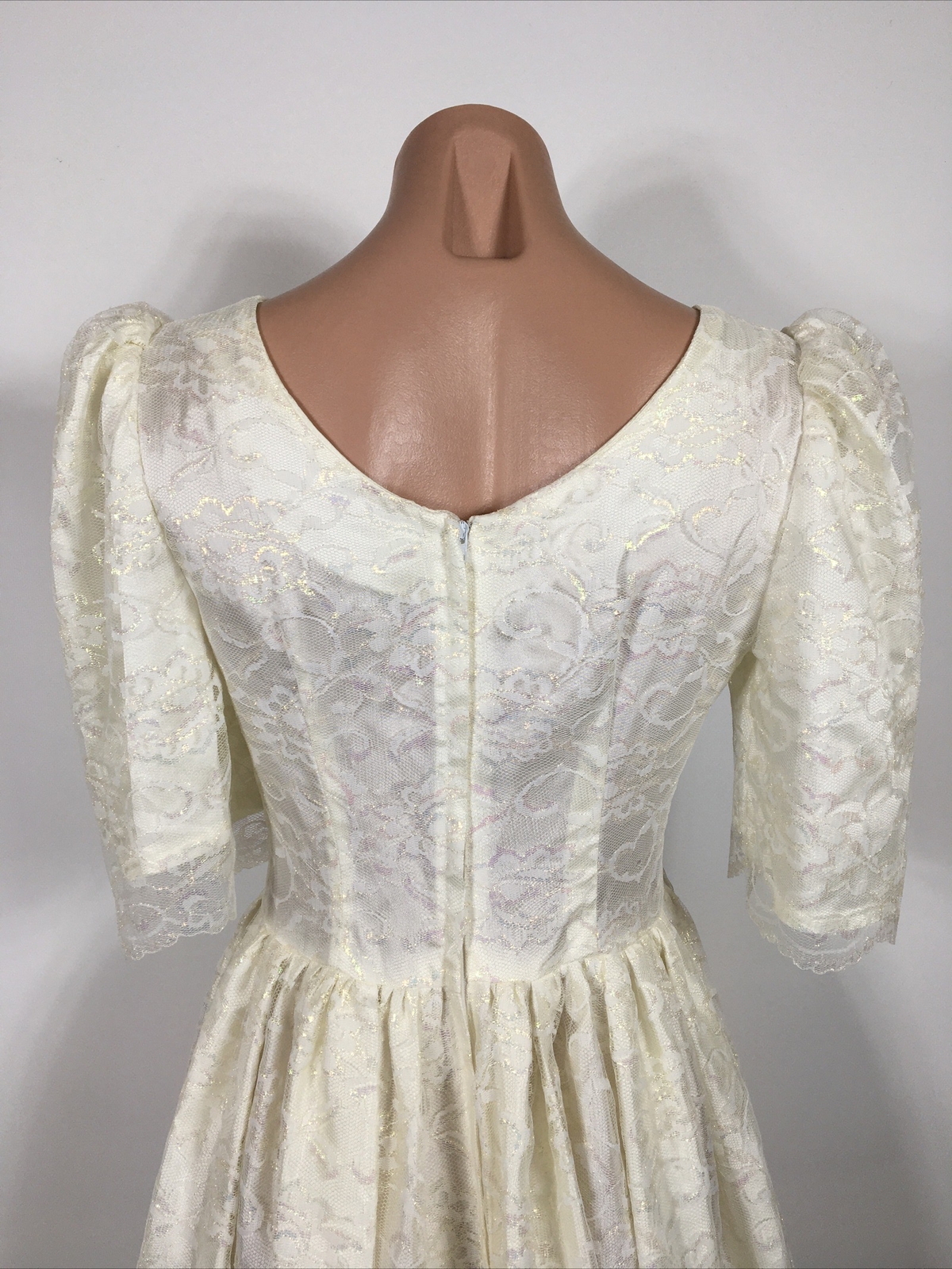 VTG 80s Puffy Sleeve Dress Floral Lace PROM Party Wedding Metallic Lame EUC S/M