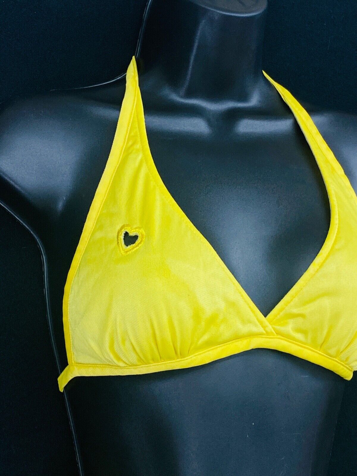 Vintage 1970s yellow string bikini swimsuit high waist halter heart cut out XS S